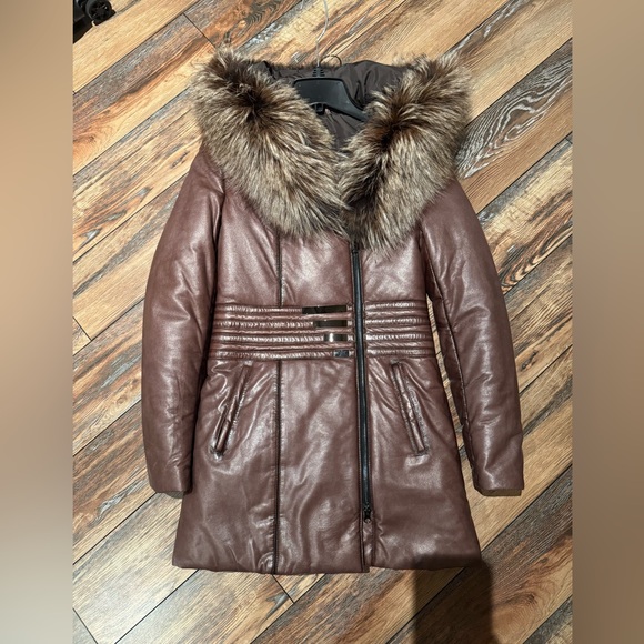 Leather winter jacket with real fur, Size S - Picture 5 of 6